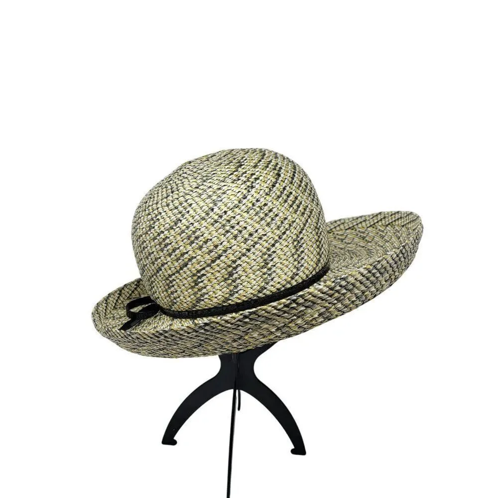 Vtg 60s Terry B. Womens Woven Straw Sun Hat Yellow Checkered Black Bow Retro - Picture 7 of 8